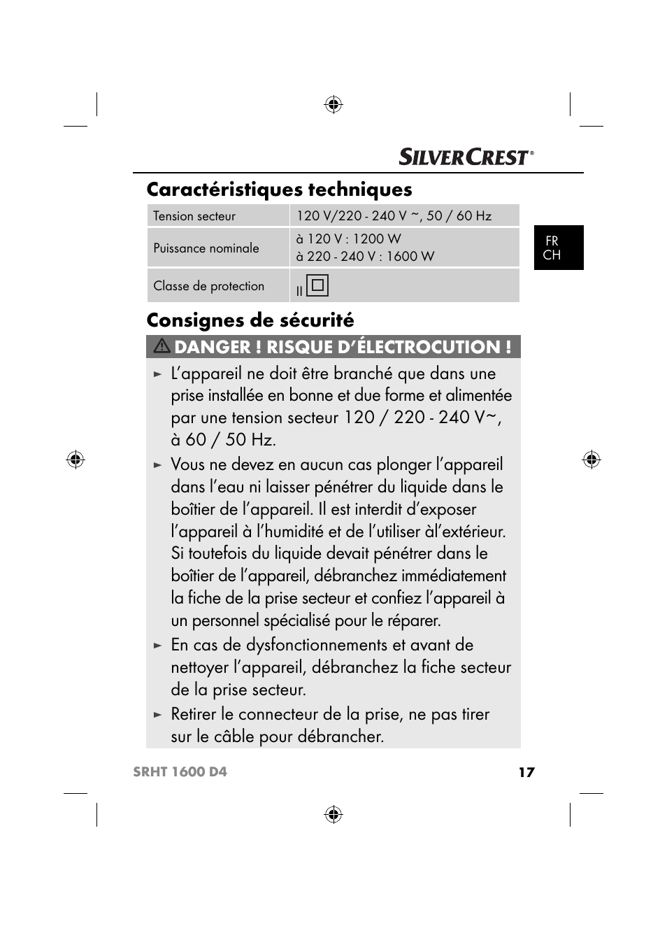 Caractéristiques techniques, Consignes de sécurité, Danger ! risque d’électrocution | Silvercrest SRHT 1600 D4 User Manual | Page 20 / 59