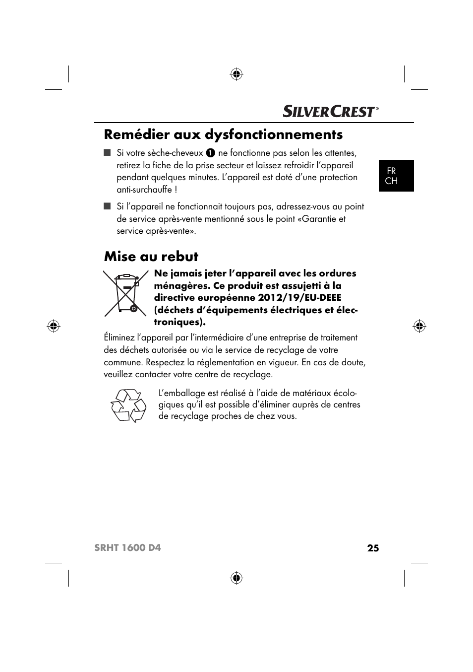 Remédier aux dysfonctionnements, Mise au rebut | Silvercrest SRHT 1600 D4 User Manual | Page 28 / 59