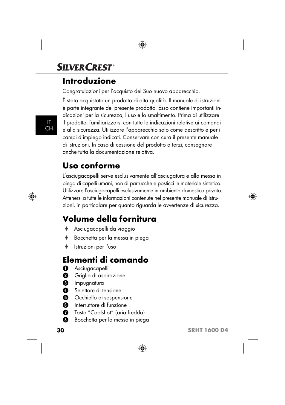 Introduzione, Uso conforme, Volume della fornitura | Elementi di comando | Silvercrest SRHT 1600 D4 User Manual | Page 33 / 59