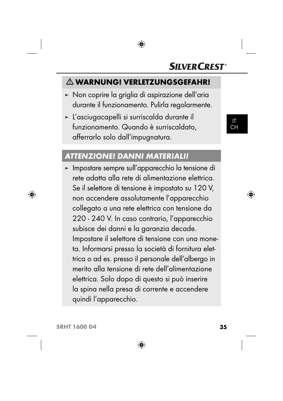 Warnung! verletzungsgefahr | Silvercrest SRHT 1600 D4 User Manual | Page 38 / 59