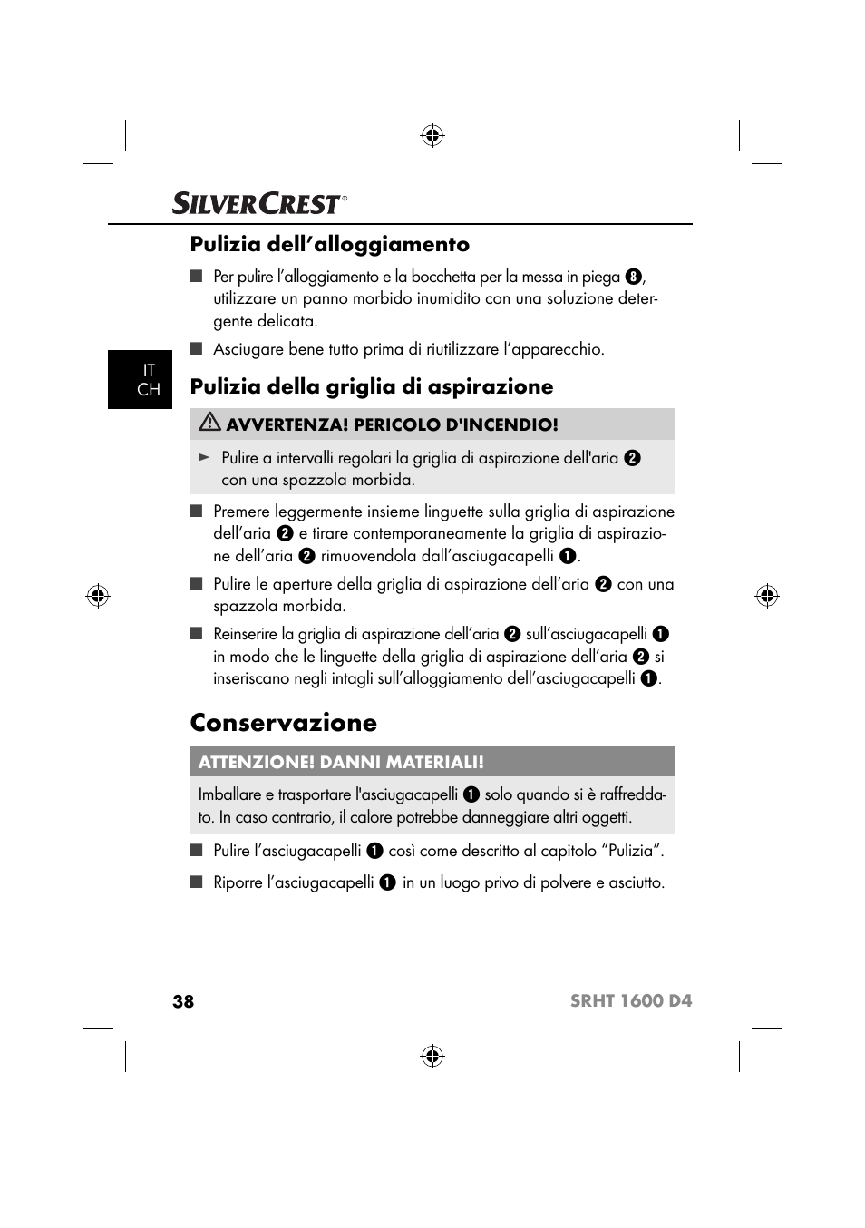 Conservazione, Pulizia dell’alloggiamento, Pulizia della griglia di aspirazione | Silvercrest SRHT 1600 D4 User Manual | Page 41 / 59