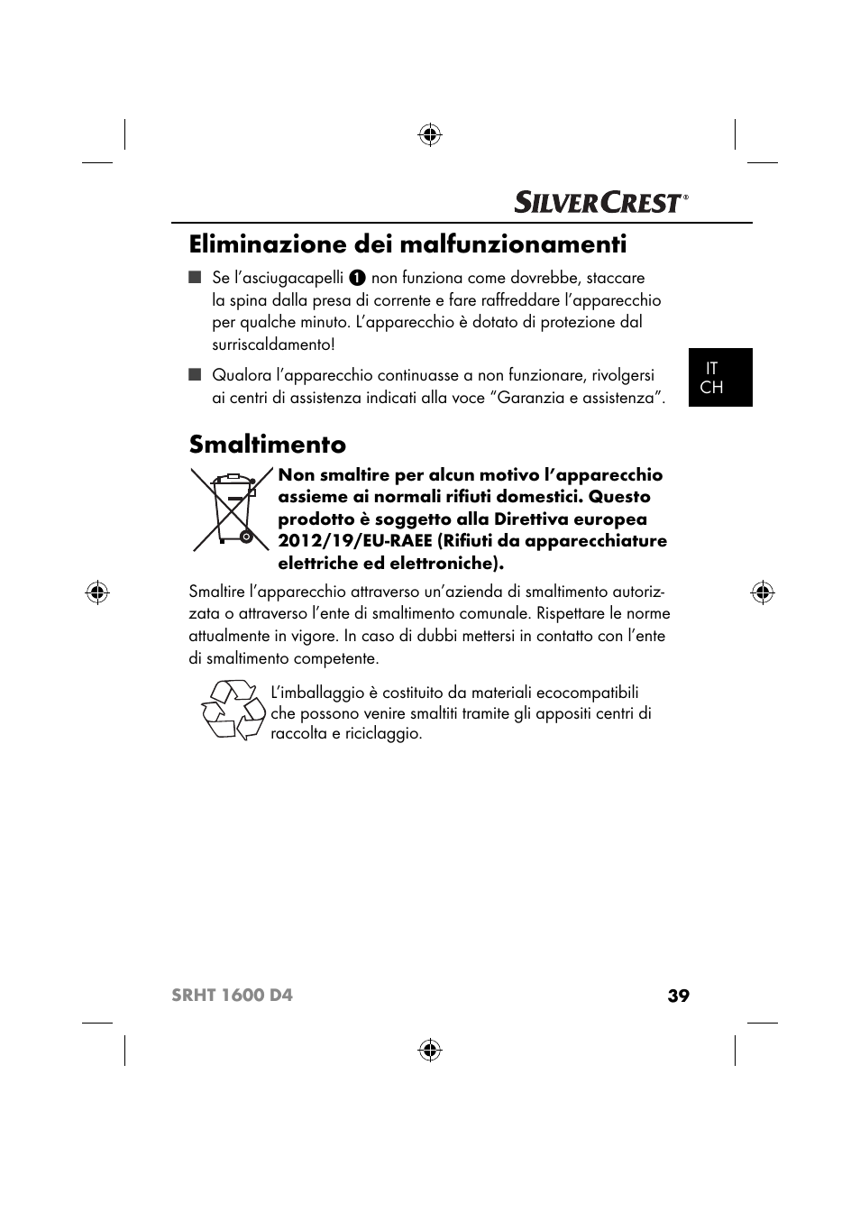 Eliminazione dei malfunzionamenti, Smaltimento | Silvercrest SRHT 1600 D4 User Manual | Page 42 / 59