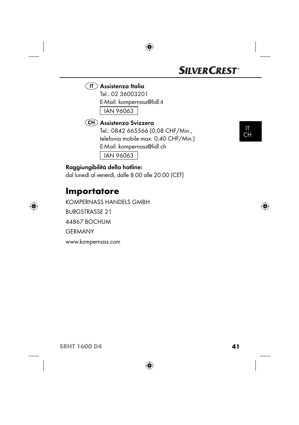 Importatore | Silvercrest SRHT 1600 D4 User Manual | Page 44 / 59