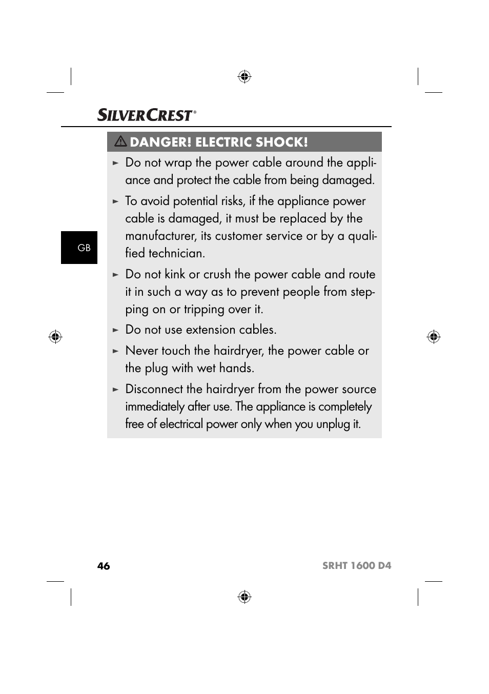 Danger! electric shock, Do not use extension cables | Silvercrest SRHT 1600 D4 User Manual | Page 49 / 59