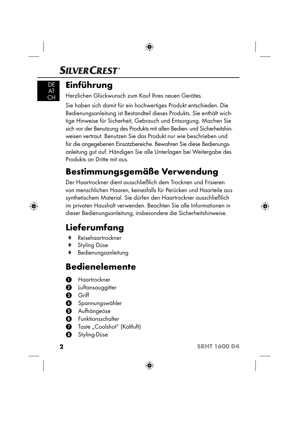 Einführung, Bestimmungsgemäße verwendung, Lieferumfang | Bedienelemente | Silvercrest SRHT 1600 D4 User Manual | Page 5 / 59