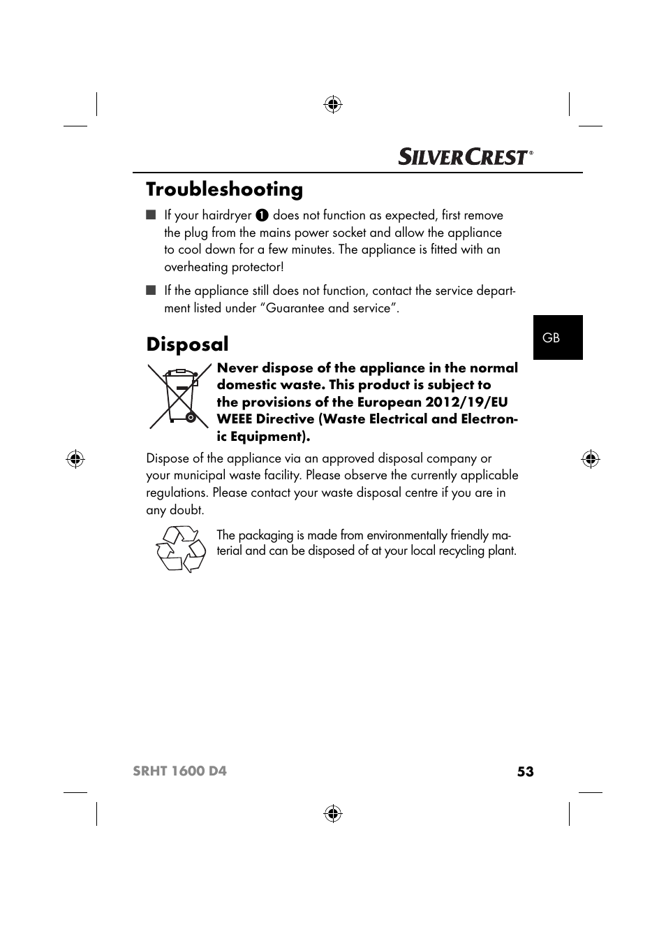 Troubleshooting, Disposal | Silvercrest SRHT 1600 D4 User Manual | Page 56 / 59