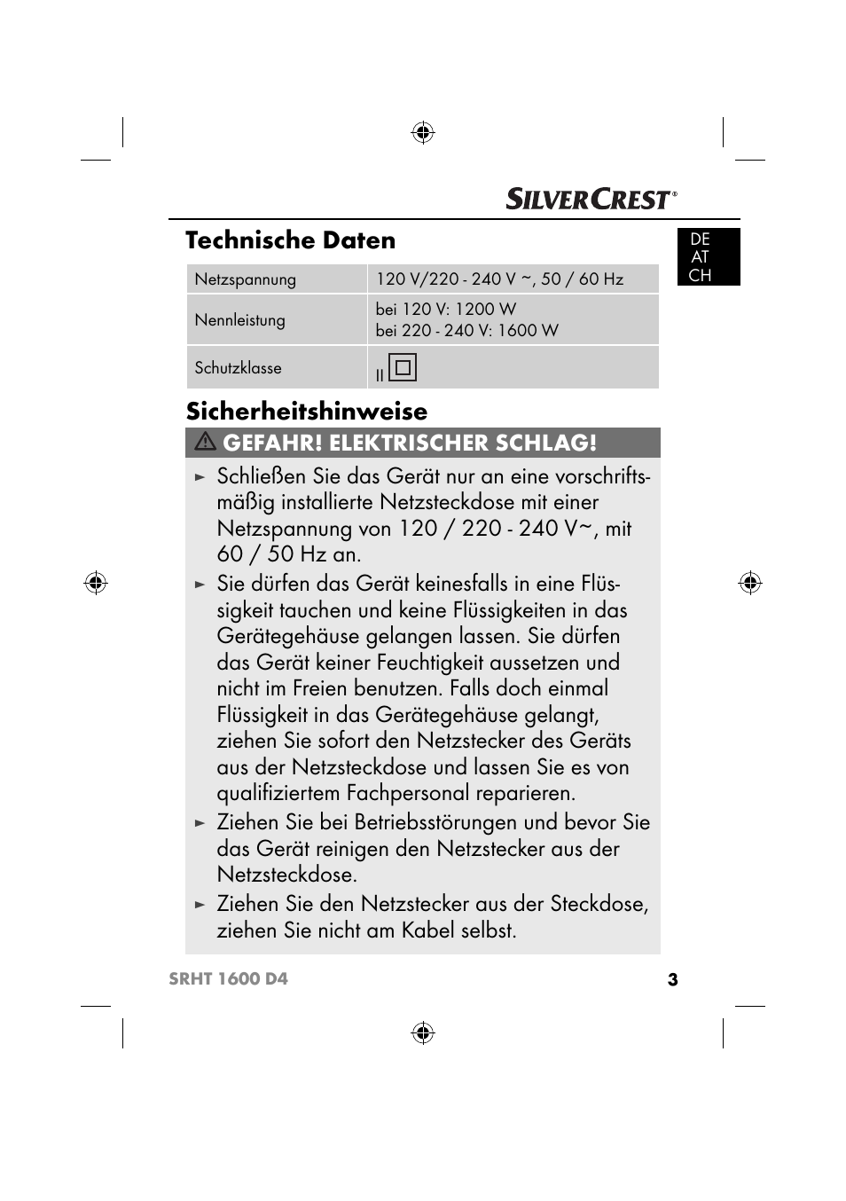 Technische daten, Sicherheitshinweise, Gefahr! elektrischer schlag | Silvercrest SRHT 1600 D4 User Manual | Page 6 / 59