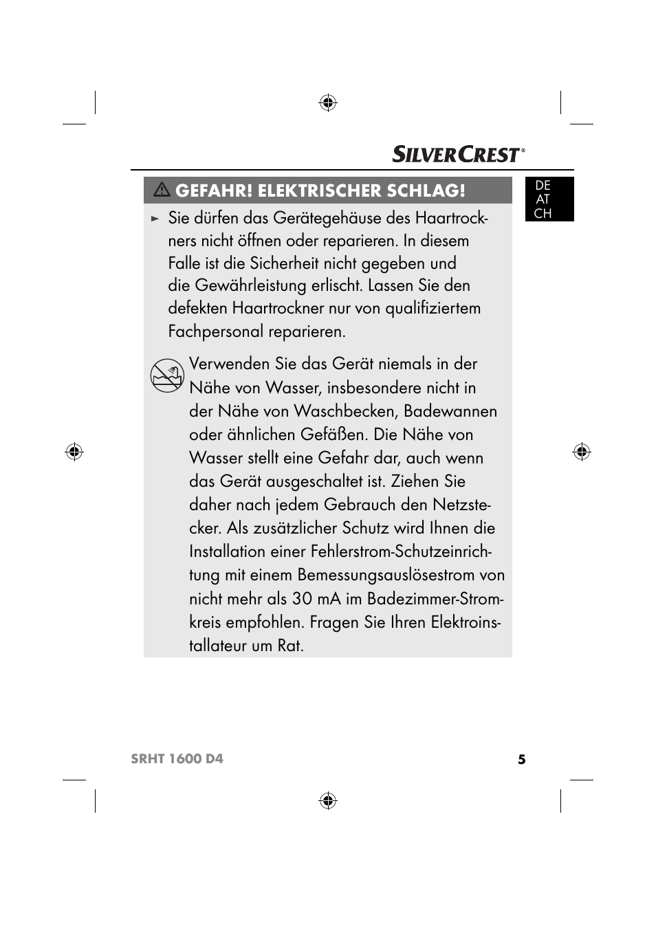 Gefahr! elektrischer schlag | Silvercrest SRHT 1600 D4 User Manual | Page 8 / 59