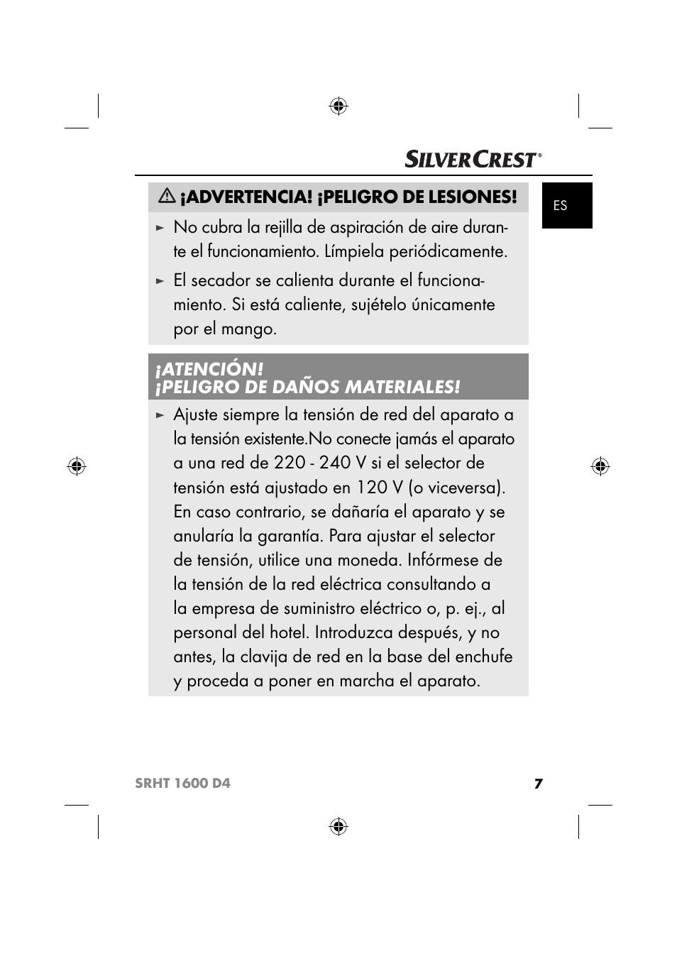 Advertencia! ¡peligro de lesiones | Silvercrest SRHT 1600 D4 User Manual | Page 10 / 73