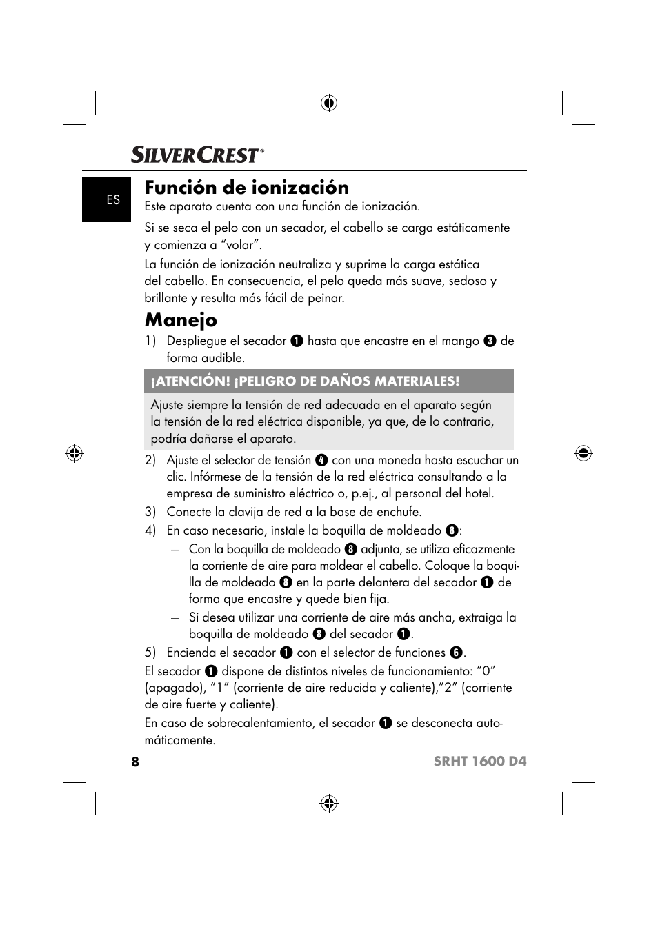 Función de ionización, Manejo | Silvercrest SRHT 1600 D4 User Manual | Page 11 / 73