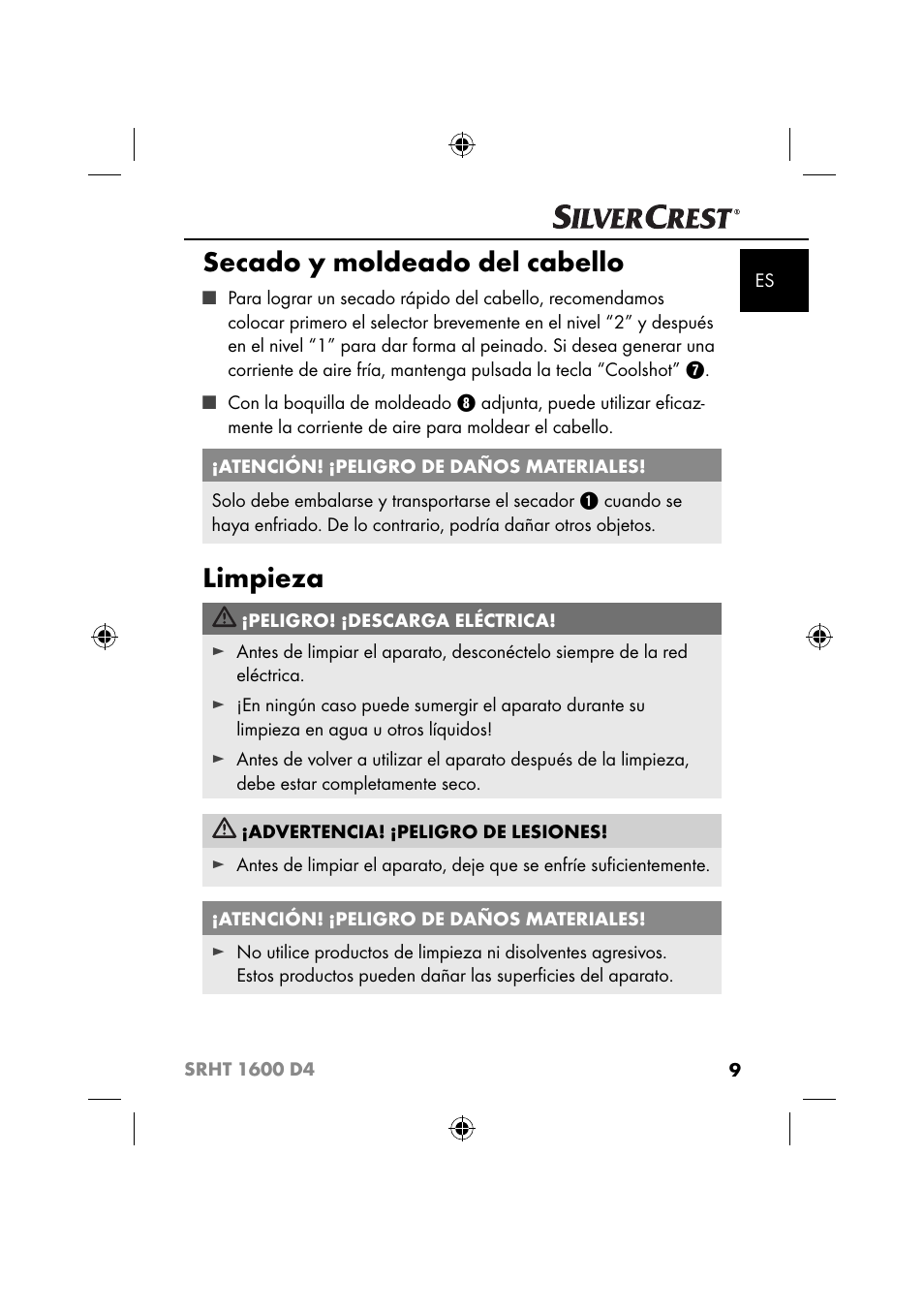 Secado y moldeado del cabello, Limpieza | Silvercrest SRHT 1600 D4 User Manual | Page 12 / 73