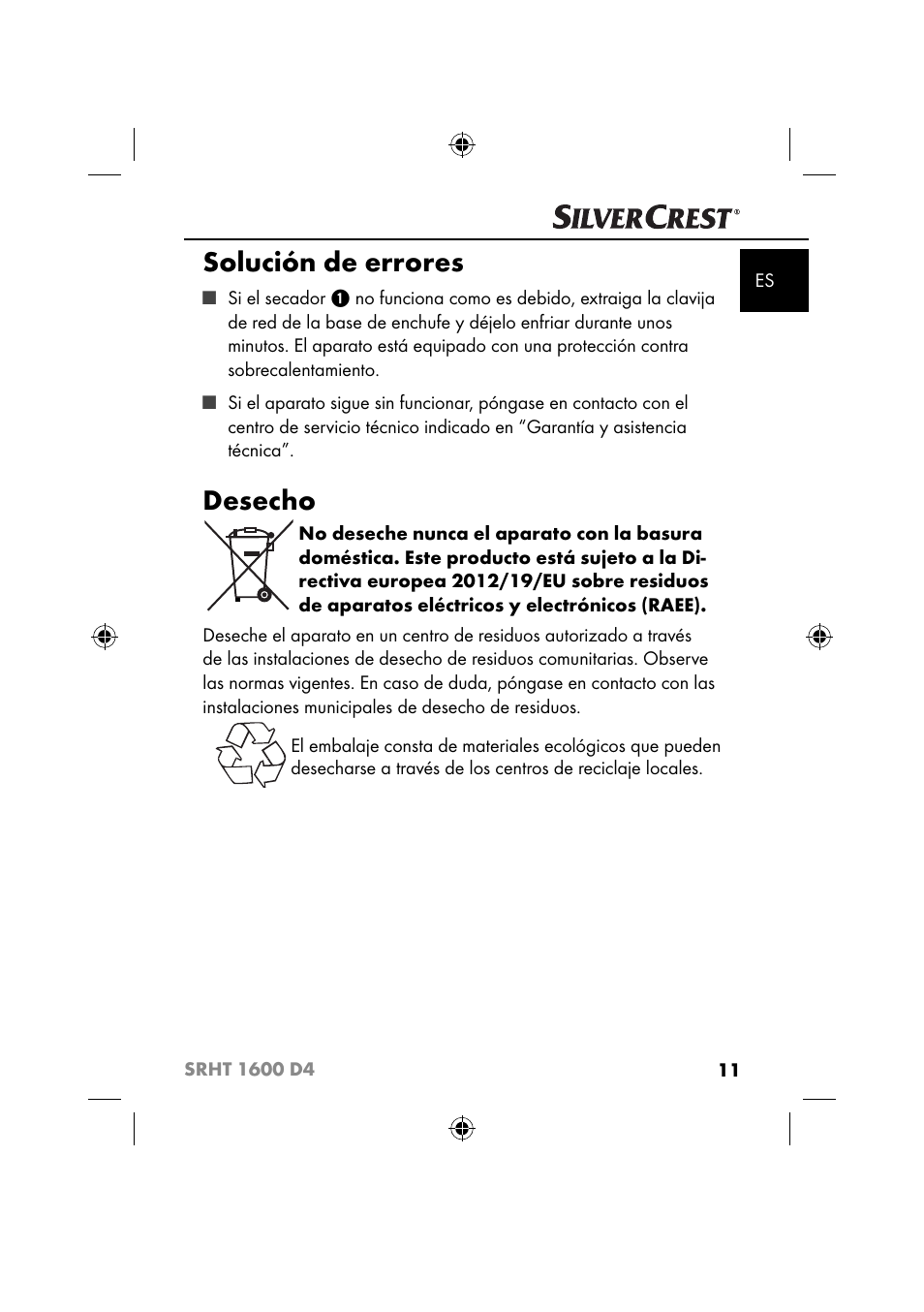 Solución de errores, Desecho | Silvercrest SRHT 1600 D4 User Manual | Page 14 / 73