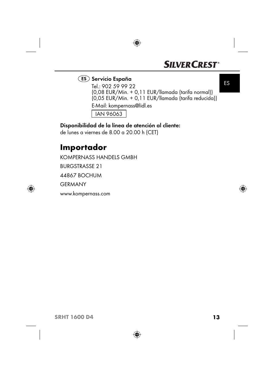 Importador | Silvercrest SRHT 1600 D4 User Manual | Page 16 / 73