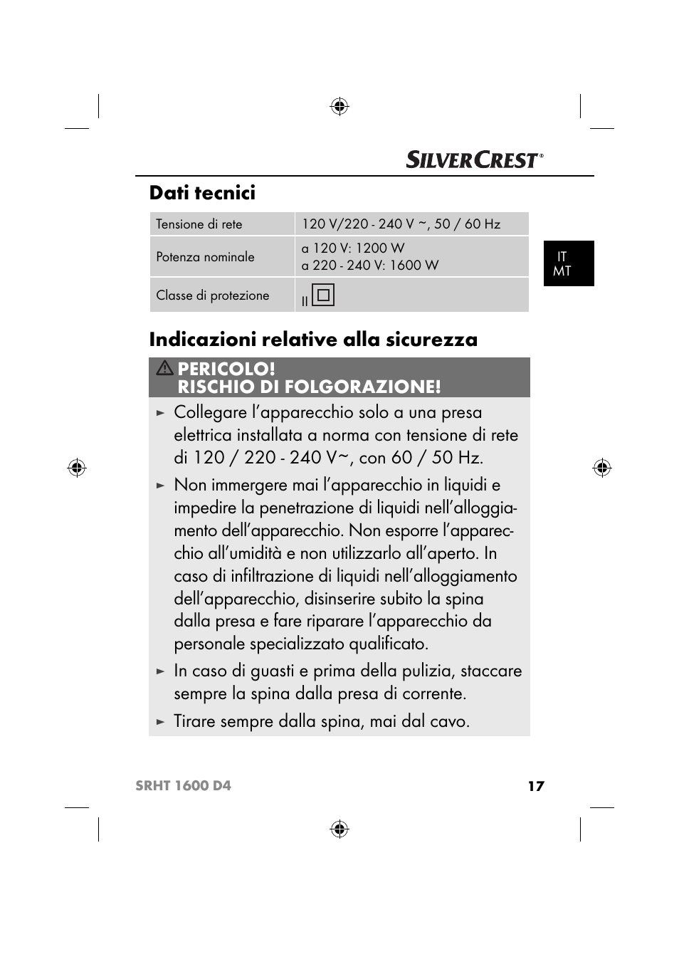 Dati tecnici, Indicazioni relative alla sicurezza, Pericolo! rischio di folgorazione | Tirare sempre dalla spina, mai dal cavo | Silvercrest SRHT 1600 D4 User Manual | Page 20 / 73