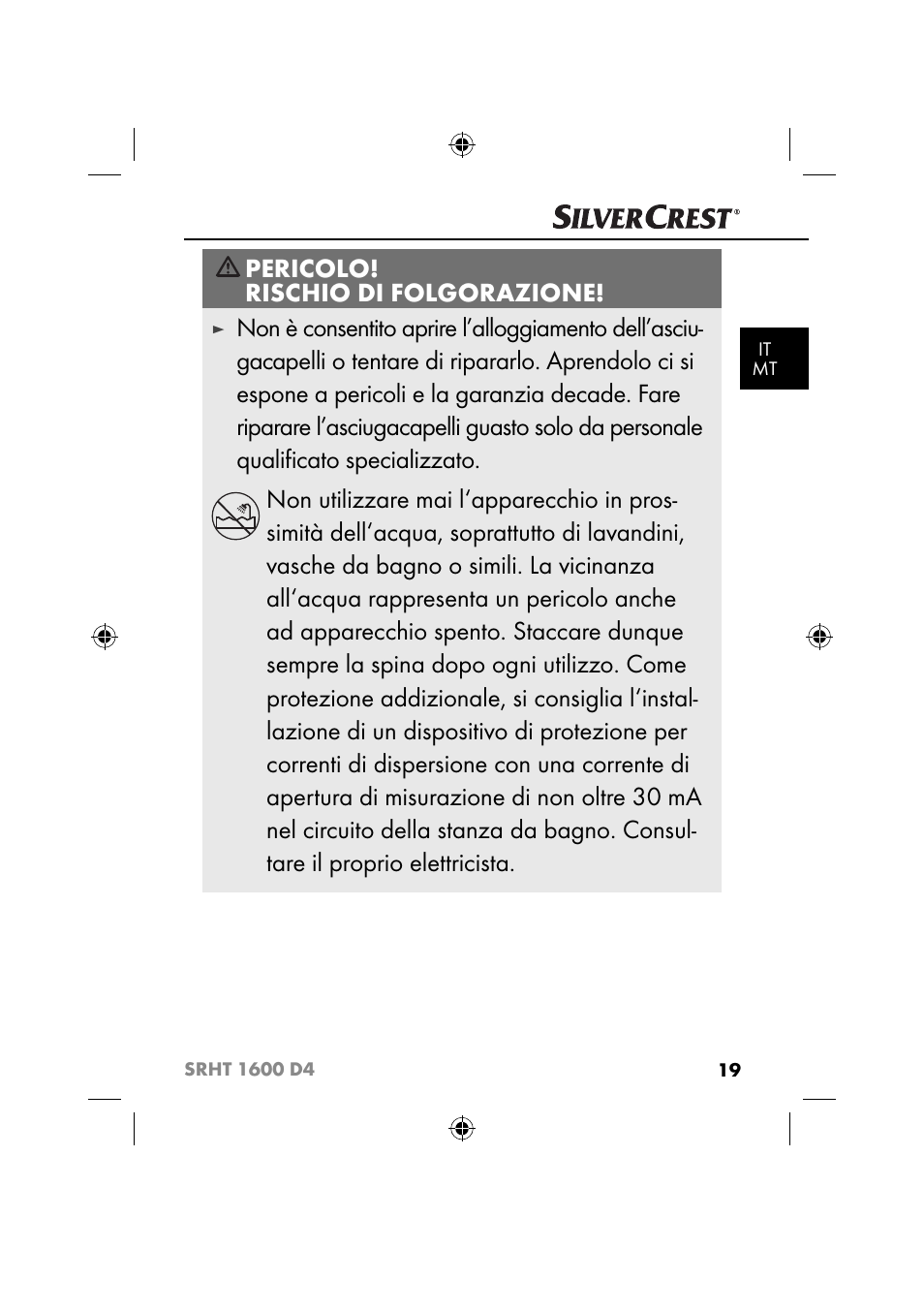Pericolo! rischio di folgorazione | Silvercrest SRHT 1600 D4 User Manual | Page 22 / 73