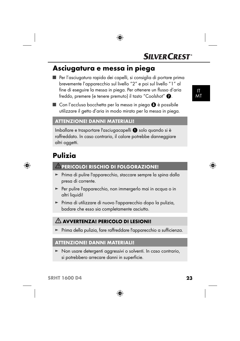 Asciugatura e messa in piega, Pulizia | Silvercrest SRHT 1600 D4 User Manual | Page 26 / 73