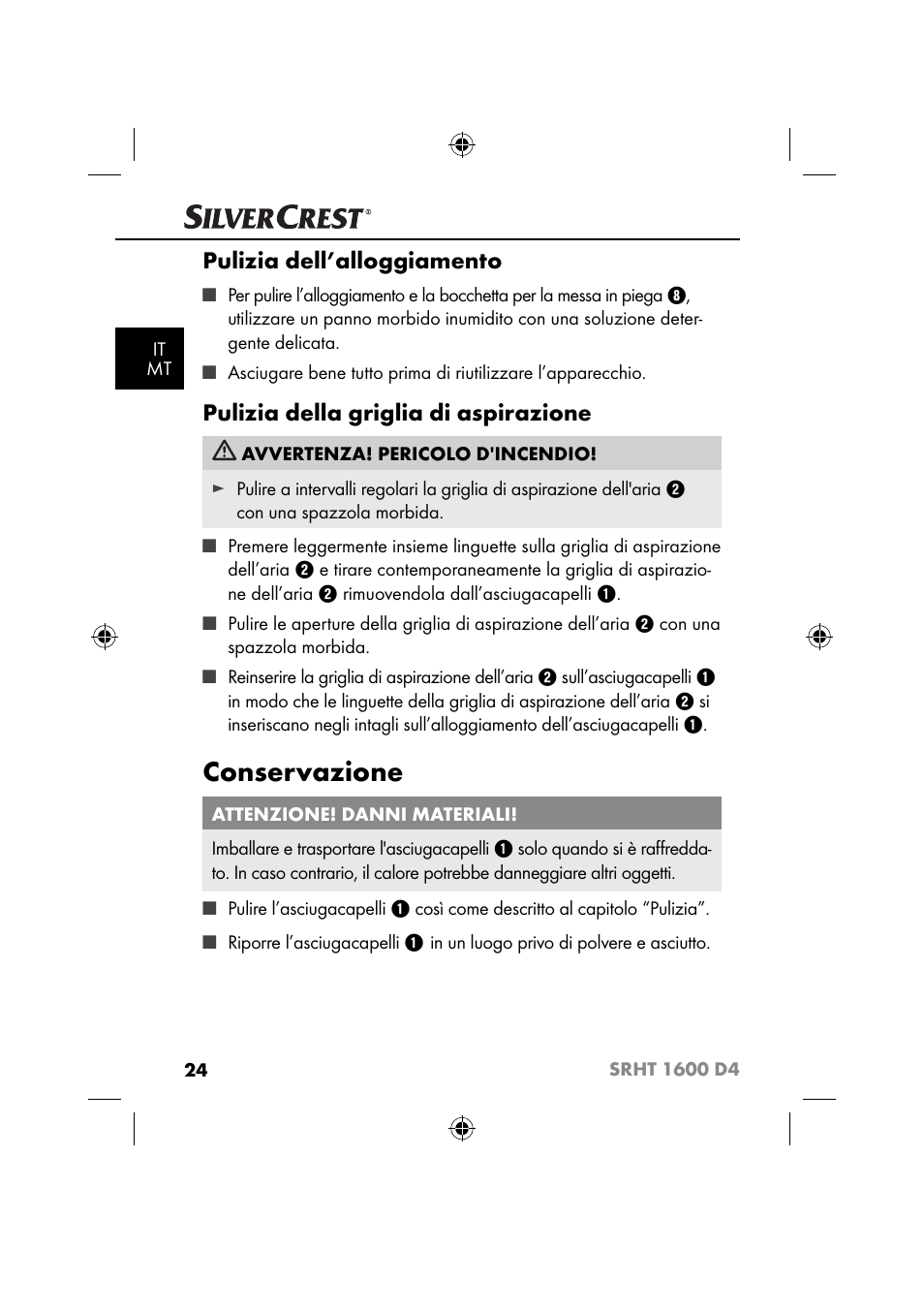 Conservazione, Pulizia dell’alloggiamento, Pulizia della griglia di aspirazione | Silvercrest SRHT 1600 D4 User Manual | Page 27 / 73