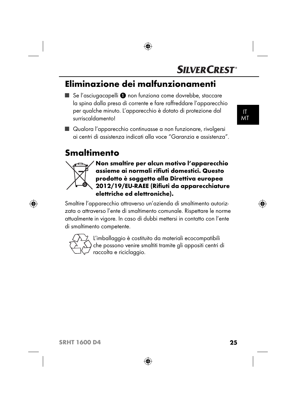 Eliminazione dei malfunzionamenti, Smaltimento | Silvercrest SRHT 1600 D4 User Manual | Page 28 / 73