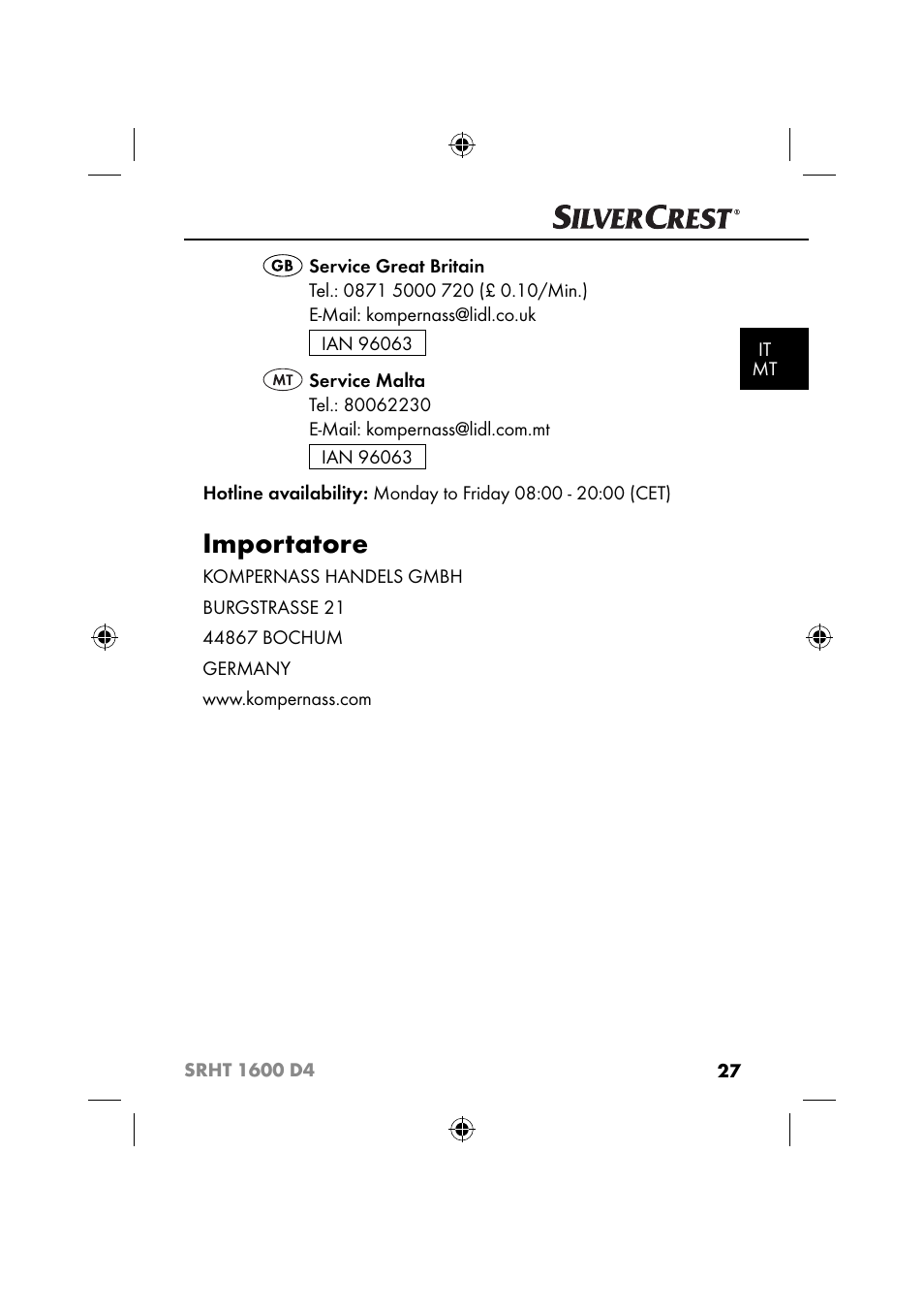 Importatore | Silvercrest SRHT 1600 D4 User Manual | Page 30 / 73