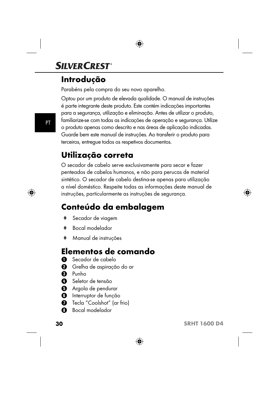 Introdução, Utilização correta, Conteúdo da embalagem | Elementos de comando | Silvercrest SRHT 1600 D4 User Manual | Page 33 / 73