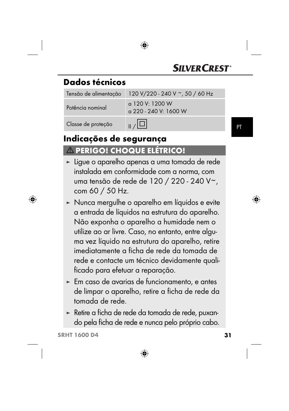 Dados técnicos, Indicações de segurança, Perigo! choque elétrico | Silvercrest SRHT 1600 D4 User Manual | Page 34 / 73
