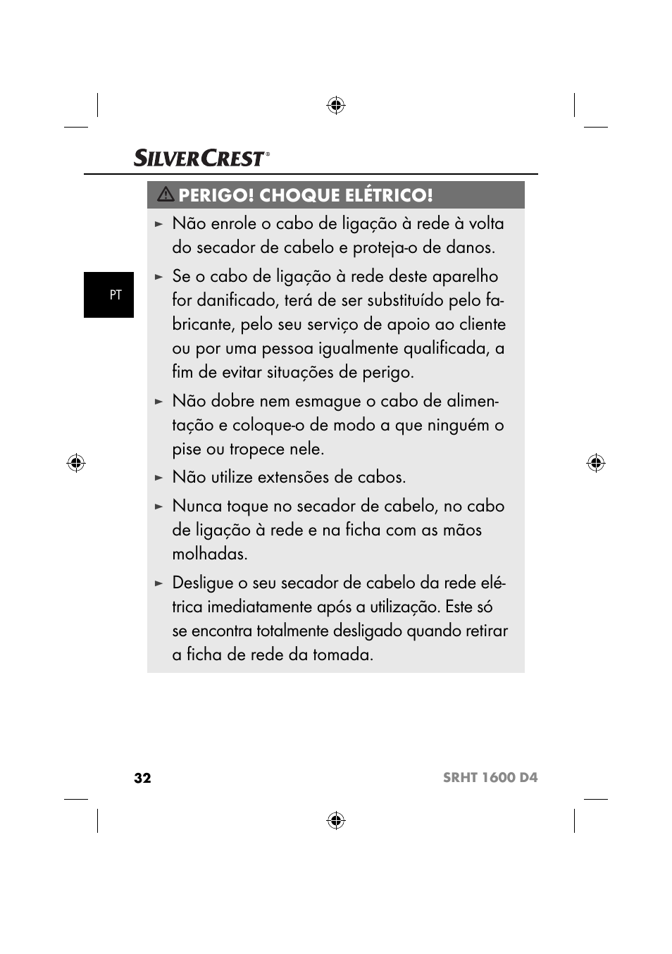 Perigo! choque elétrico, Não utilize extensões de cabos | Silvercrest SRHT 1600 D4 User Manual | Page 35 / 73