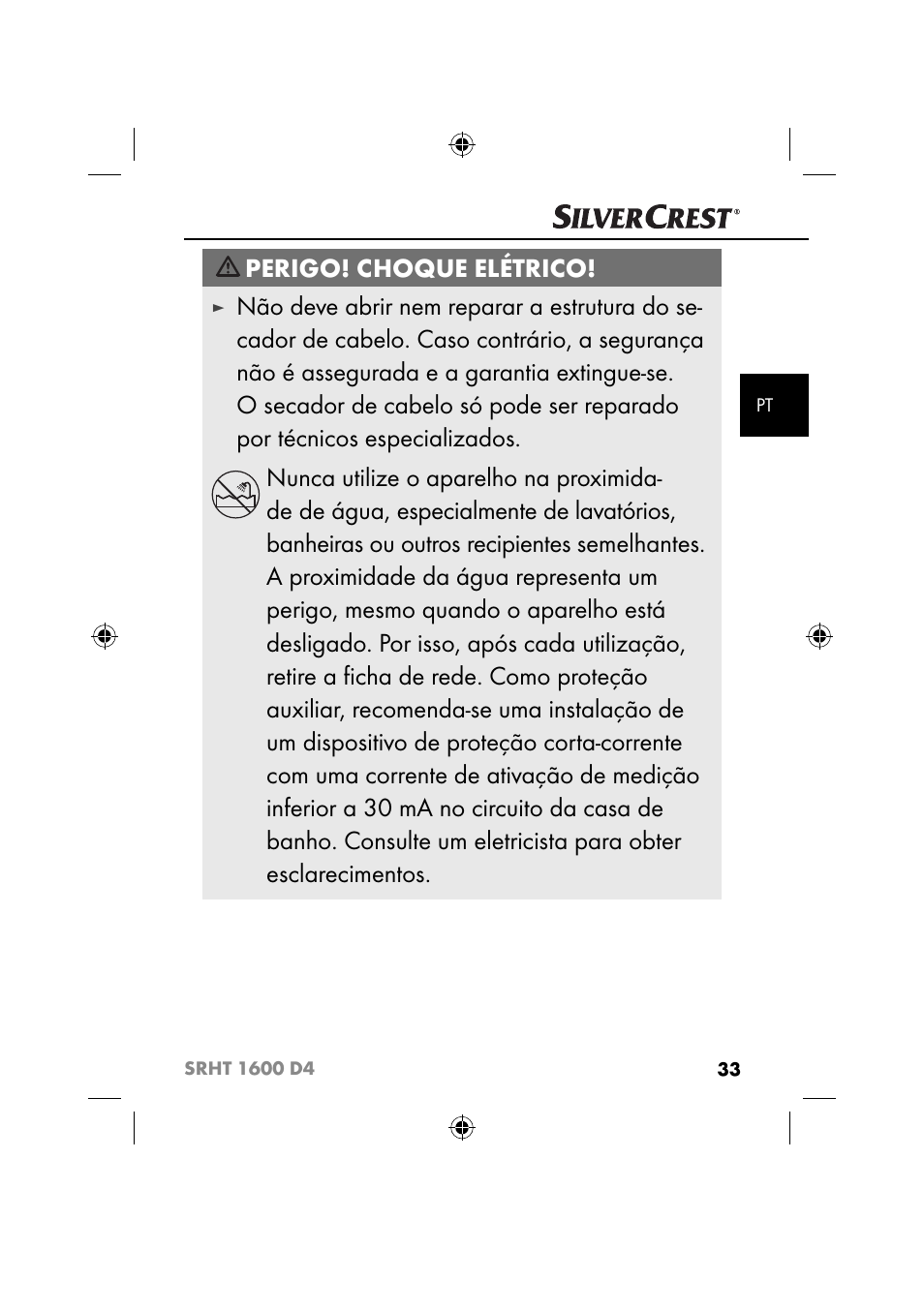 Perigo! choque elétrico | Silvercrest SRHT 1600 D4 User Manual | Page 36 / 73