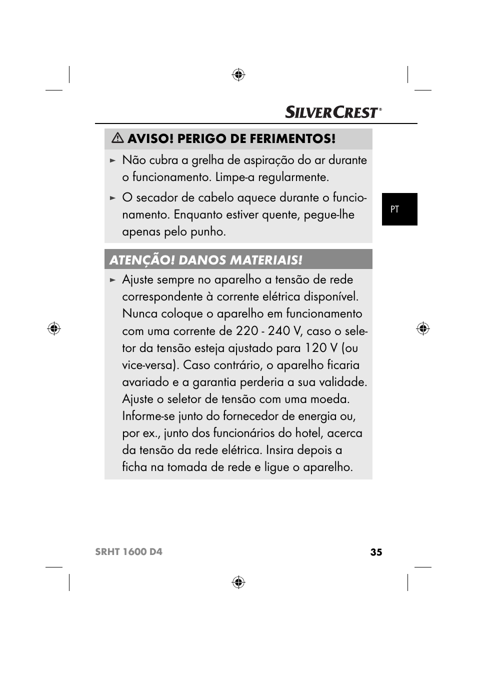 Aviso! perigo de ferimentos | Silvercrest SRHT 1600 D4 User Manual | Page 38 / 73