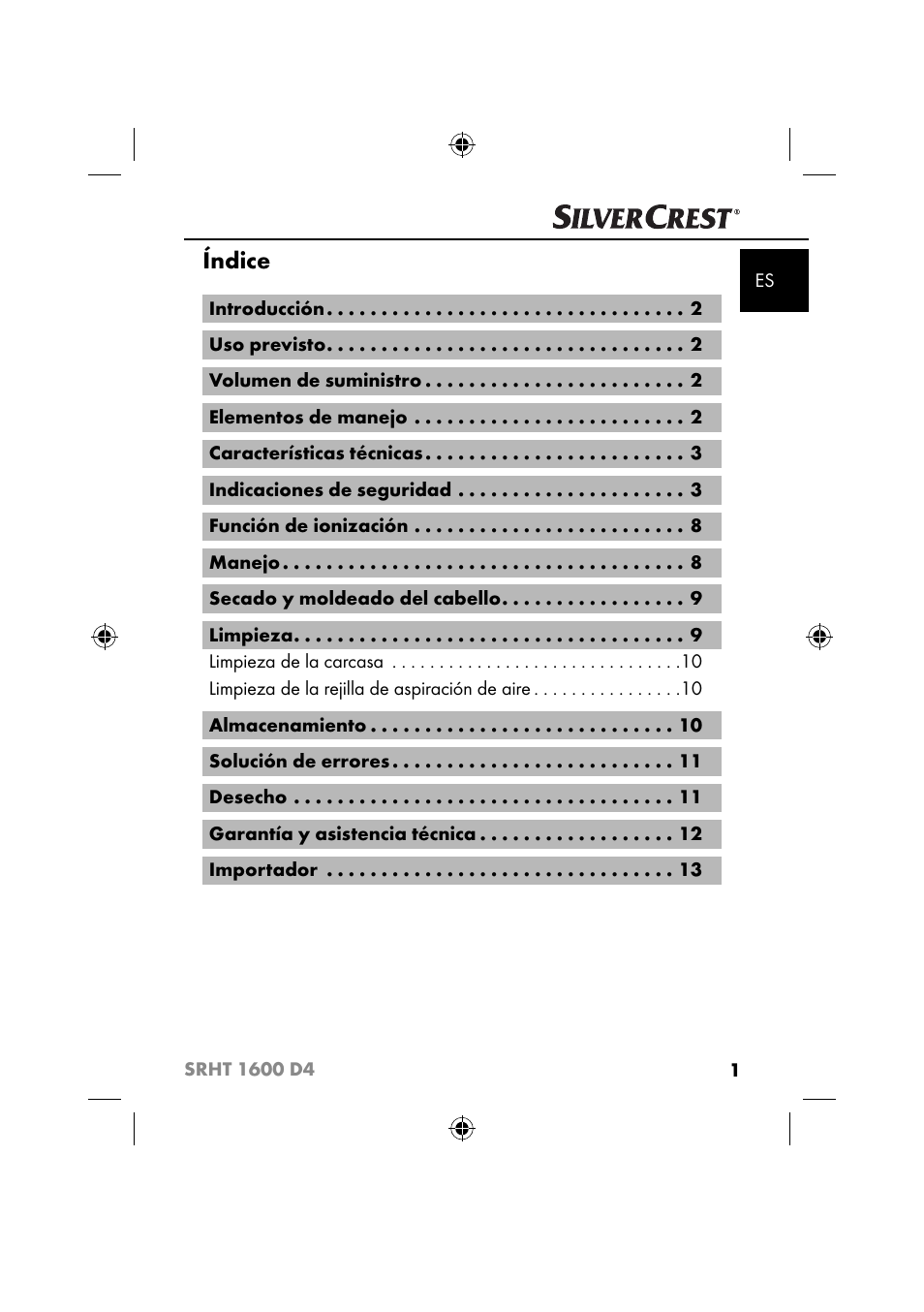 Índice | Silvercrest SRHT 1600 D4 User Manual | Page 4 / 73