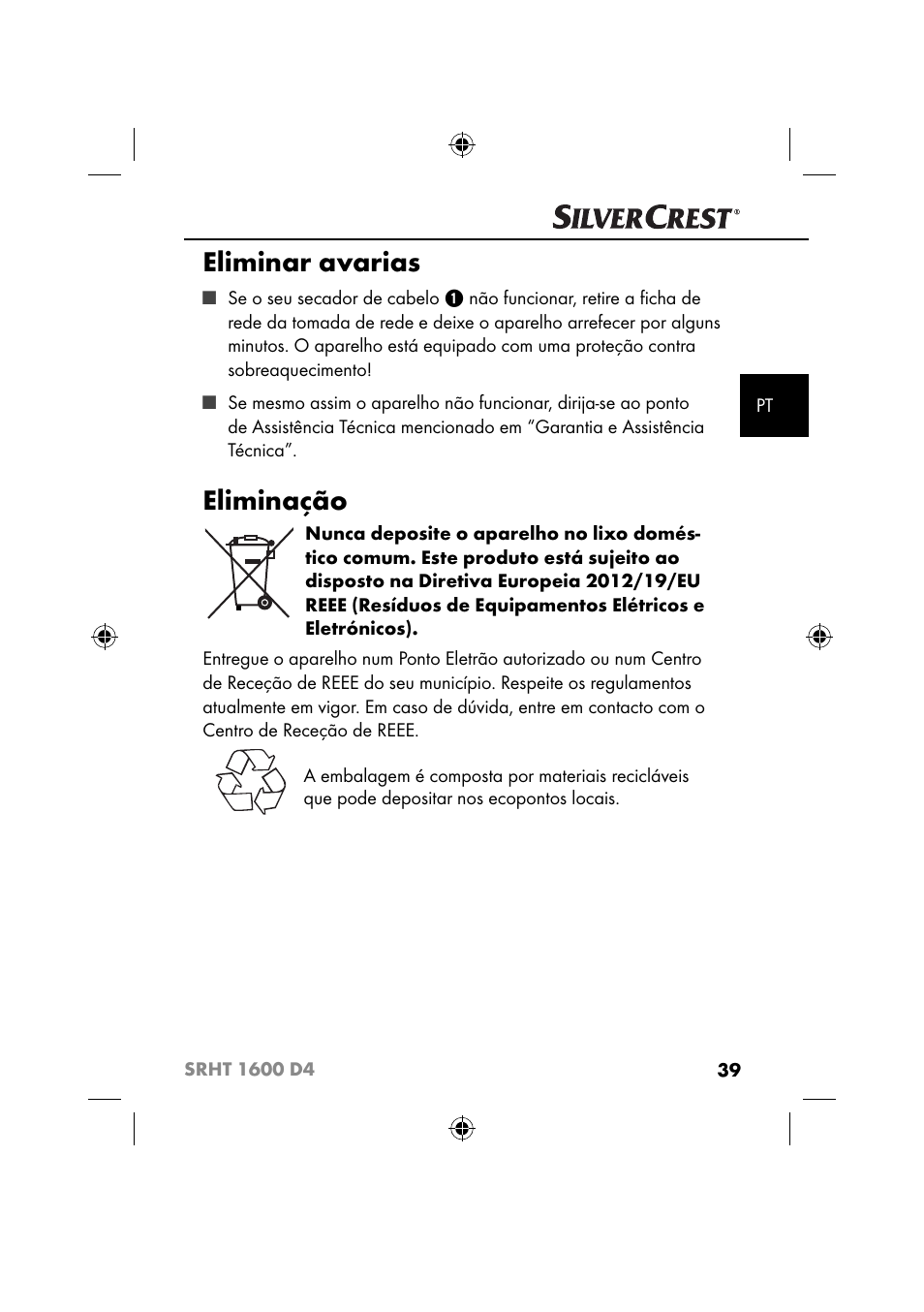 Eliminar avarias, Eliminação | Silvercrest SRHT 1600 D4 User Manual | Page 42 / 73