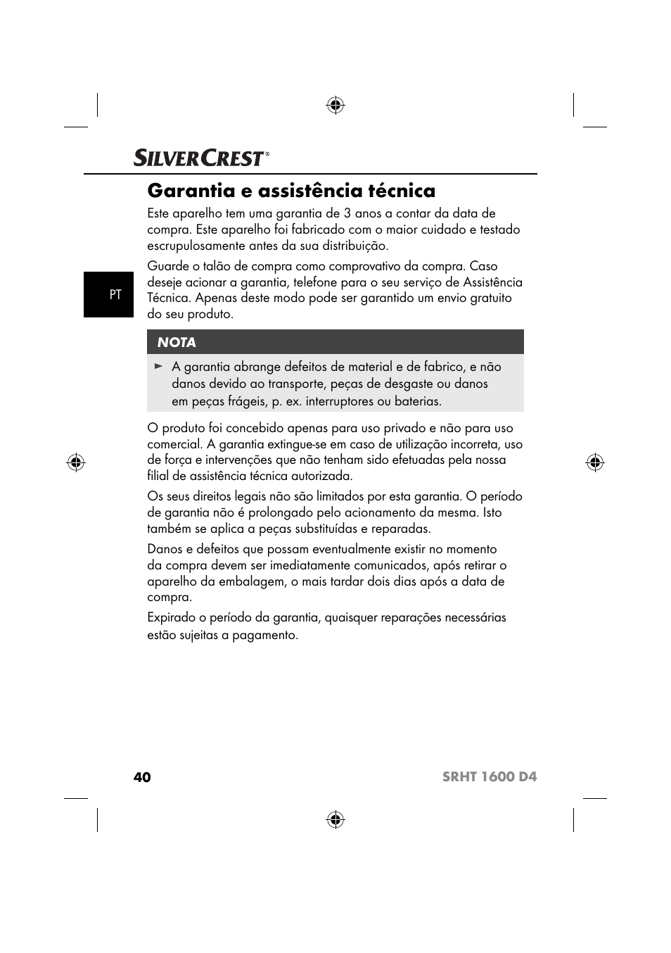 Garantia e assistência técnica | Silvercrest SRHT 1600 D4 User Manual | Page 43 / 73