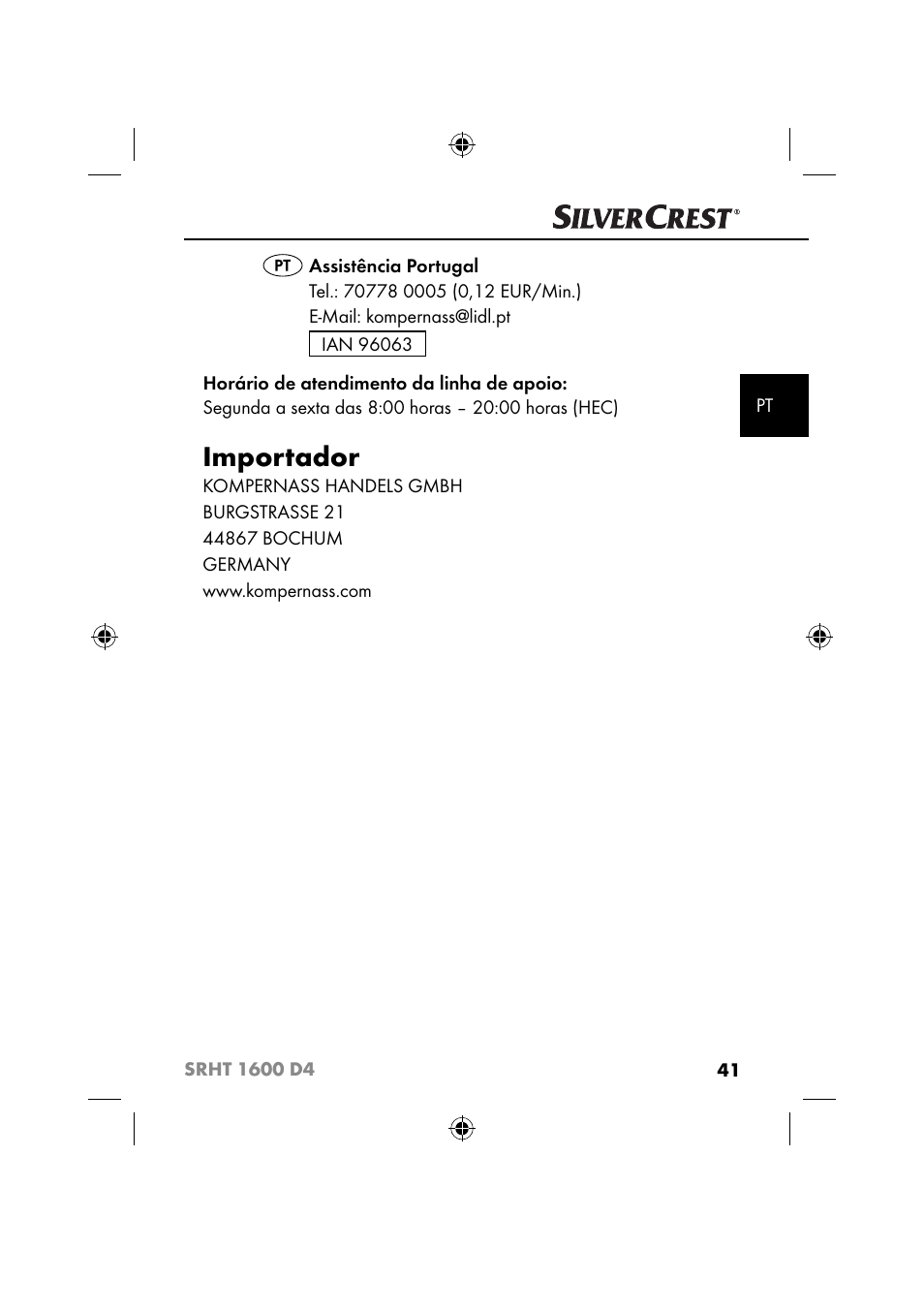 Importador | Silvercrest SRHT 1600 D4 User Manual | Page 44 / 73