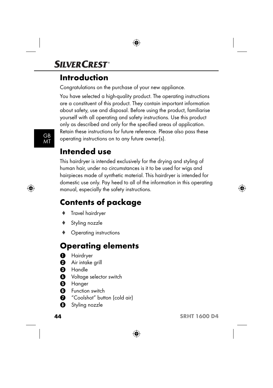 Introduction, Intended use, Contents of package | Operating elements | Silvercrest SRHT 1600 D4 User Manual | Page 47 / 73