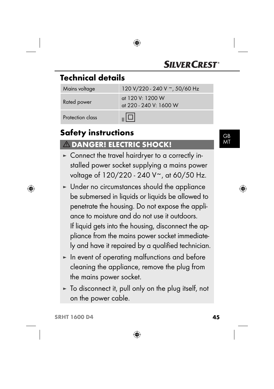 Technical details, Safety instructions, Danger! electric shock | Silvercrest SRHT 1600 D4 User Manual | Page 48 / 73