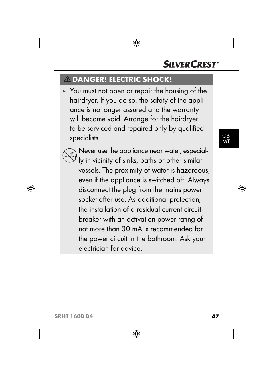 Danger! electric shock | Silvercrest SRHT 1600 D4 User Manual | Page 50 / 73