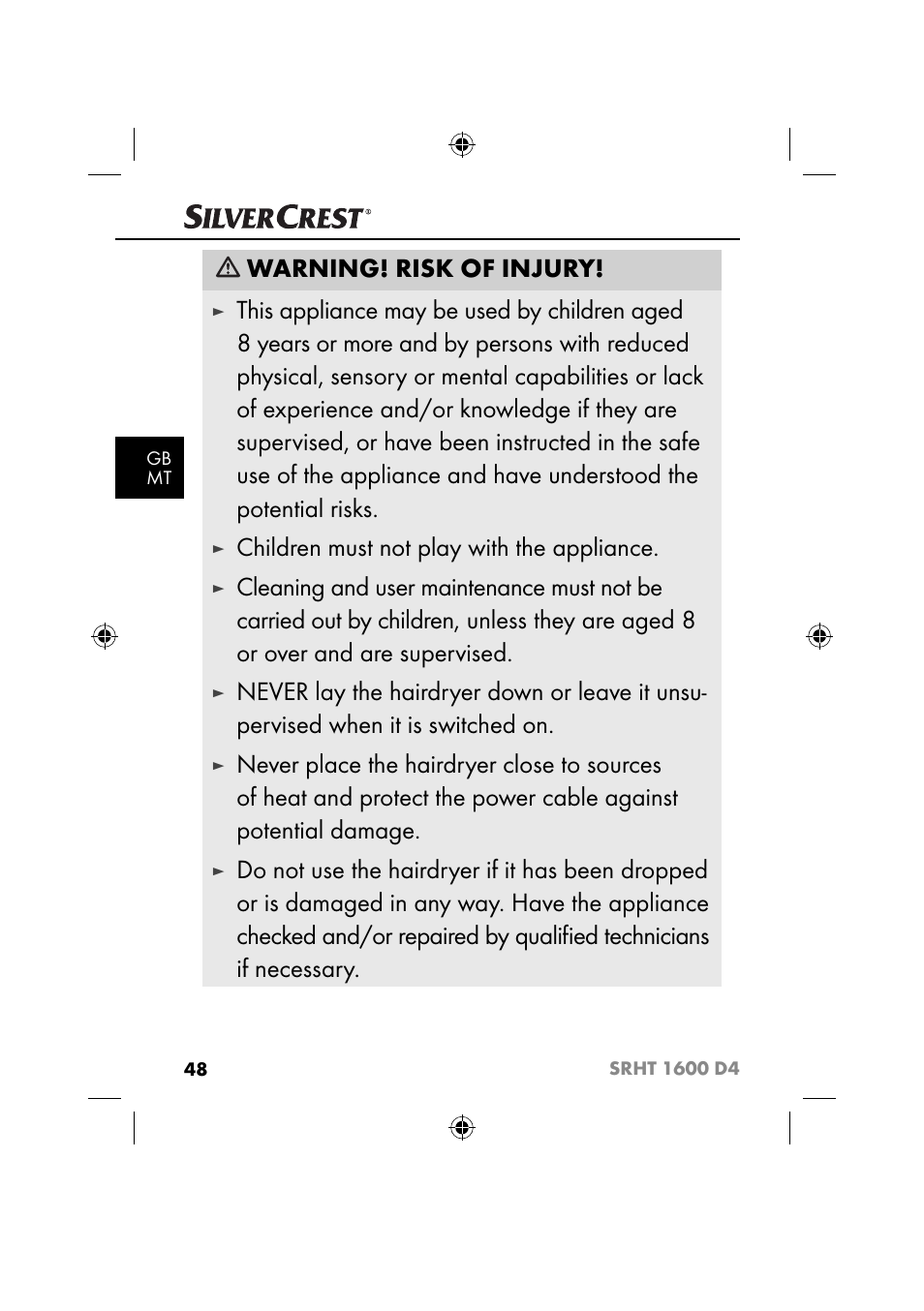 Warning! risk of injury, Children must not play with the appliance | Silvercrest SRHT 1600 D4 User Manual | Page 51 / 73