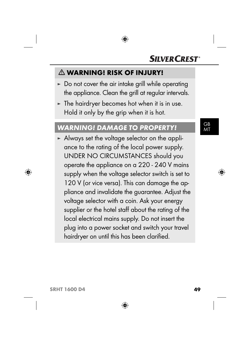 Warning! risk of injury | Silvercrest SRHT 1600 D4 User Manual | Page 52 / 73