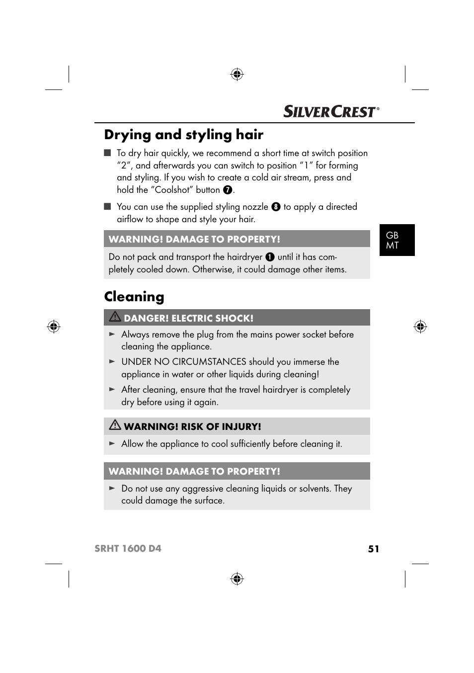 Drying and styling hair, Cleaning | Silvercrest SRHT 1600 D4 User Manual | Page 54 / 73
