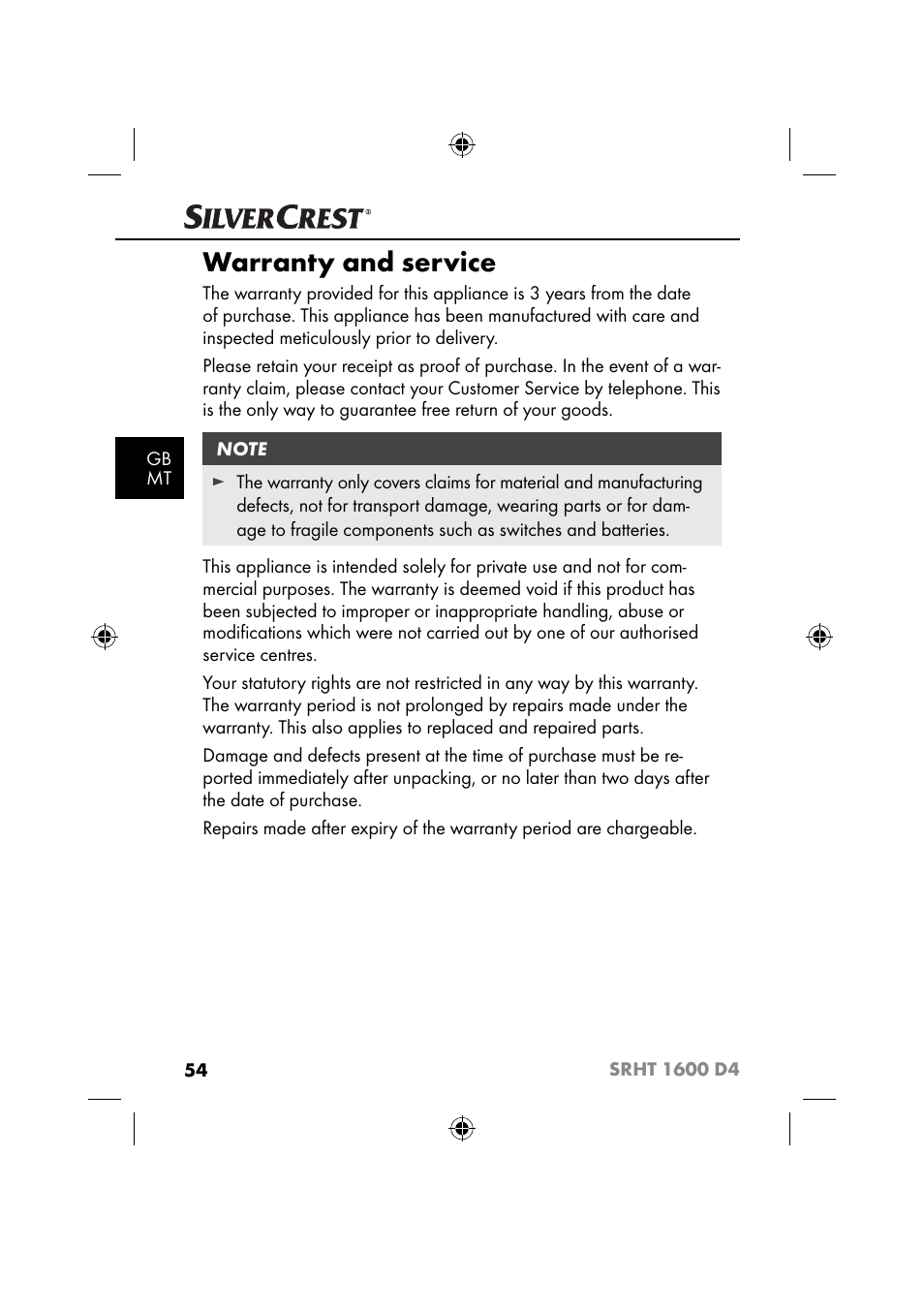 Warranty and service | Silvercrest SRHT 1600 D4 User Manual | Page 57 / 73
