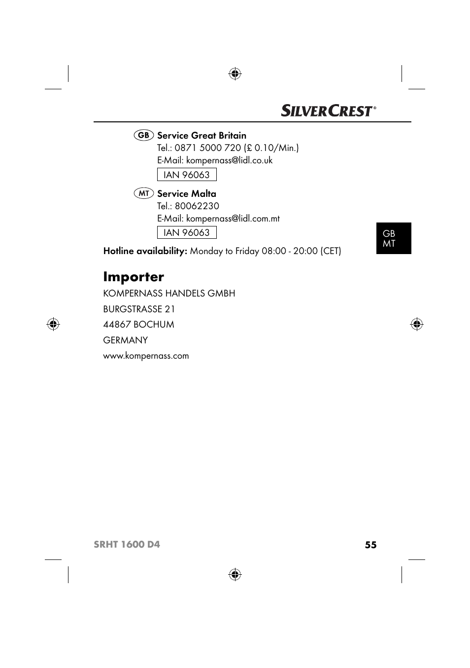 Importer | Silvercrest SRHT 1600 D4 User Manual | Page 58 / 73