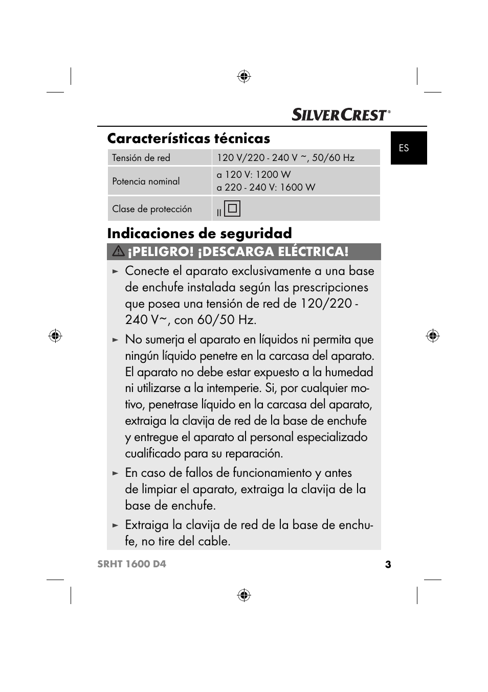 Características técnicas, Indicaciones de seguridad, Peligro! ¡descarga eléctrica | Silvercrest SRHT 1600 D4 User Manual | Page 6 / 73
