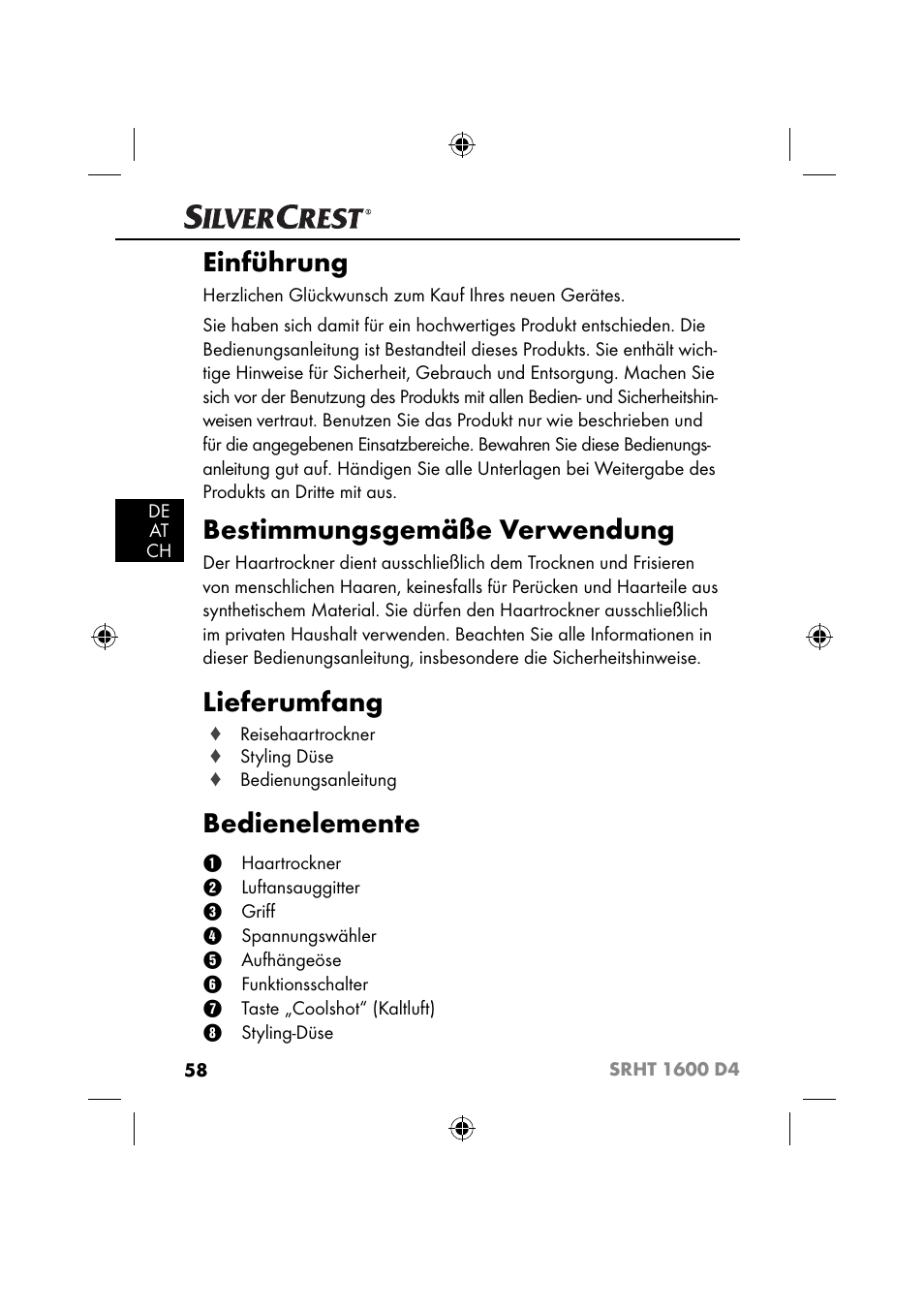 Einführung, Bestimmungsgemäße verwendung, Lieferumfang | Bedienelemente | Silvercrest SRHT 1600 D4 User Manual | Page 61 / 73