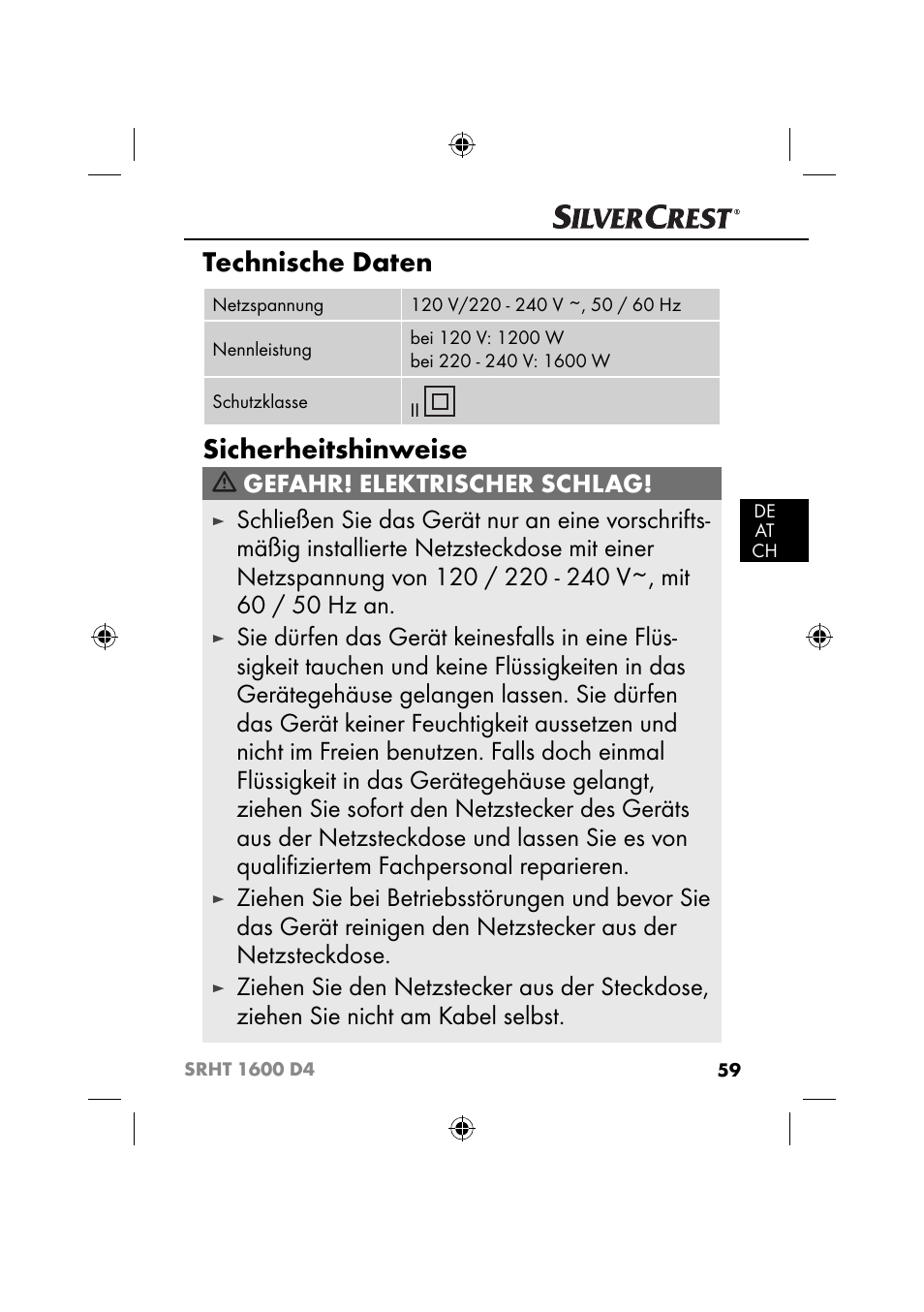 Technische daten, Sicherheitshinweise, Gefahr! elektrischer schlag | Silvercrest SRHT 1600 D4 User Manual | Page 62 / 73