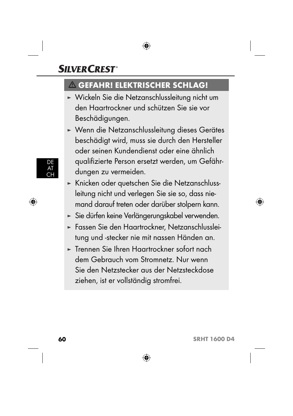 Gefahr! elektrischer schlag, Sie dürfen keine verlängerungskabel verwenden | Silvercrest SRHT 1600 D4 User Manual | Page 63 / 73