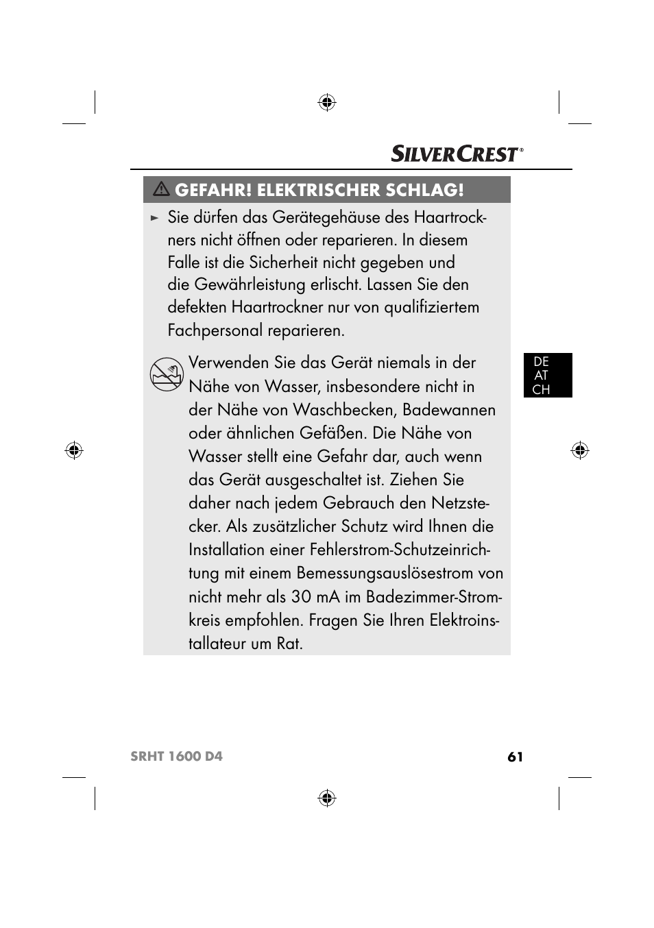 Gefahr! elektrischer schlag | Silvercrest SRHT 1600 D4 User Manual | Page 64 / 73