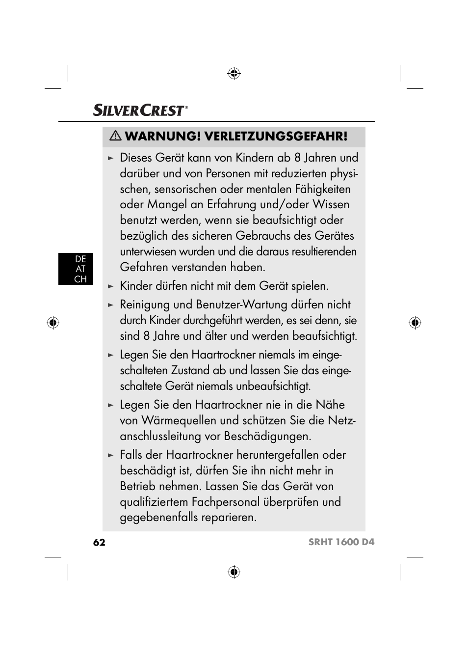 Warnung! verletzungsgefahr, Kinder dürfen nicht mit dem gerät spielen | Silvercrest SRHT 1600 D4 User Manual | Page 65 / 73