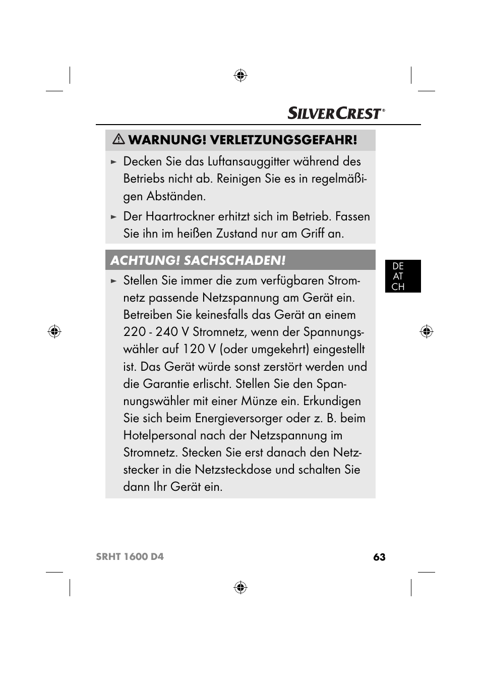 Warnung! verletzungsgefahr | Silvercrest SRHT 1600 D4 User Manual | Page 66 / 73