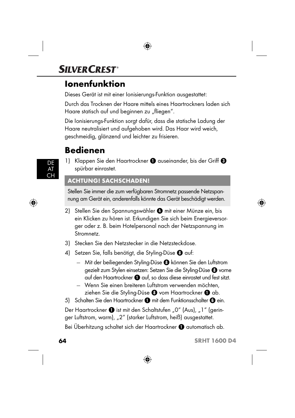 Ionenfunktion, Bedienen | Silvercrest SRHT 1600 D4 User Manual | Page 67 / 73