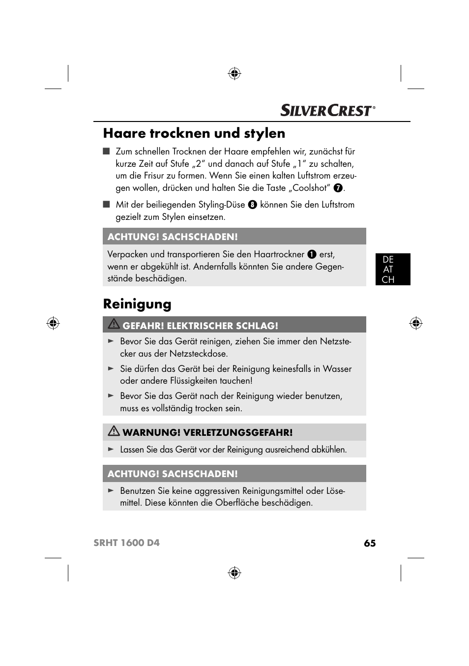 Haare trocknen und stylen, Reinigung | Silvercrest SRHT 1600 D4 User Manual | Page 68 / 73