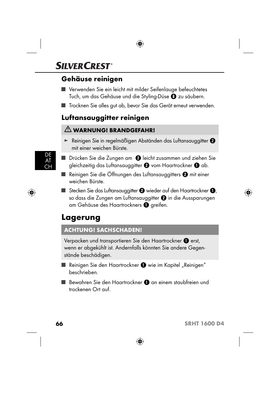 Lagerung, Gehäuse reinigen, Luftansauggitter reinigen | Silvercrest SRHT 1600 D4 User Manual | Page 69 / 73